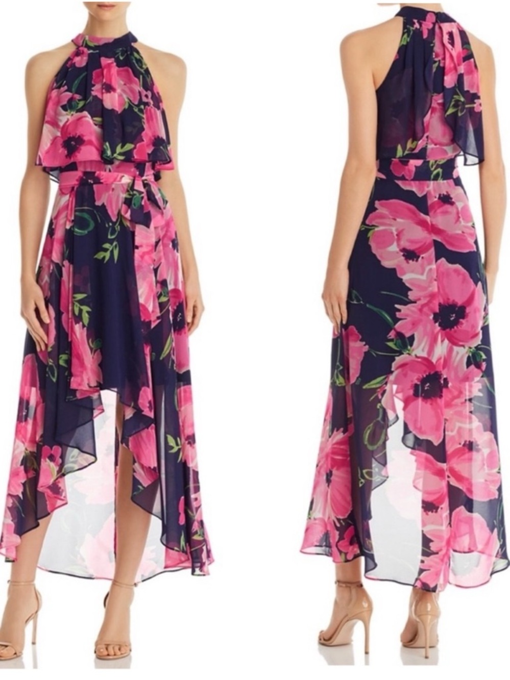 Eliza J Maxi Halter High Low Floral Pink & Navy Dress 🌸